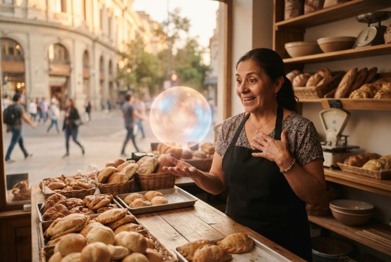 Dueña de pyme panaderia en Chile frente a una esfera de luz que simboliza la recomendacion de su negocio por la inteligencia artificial