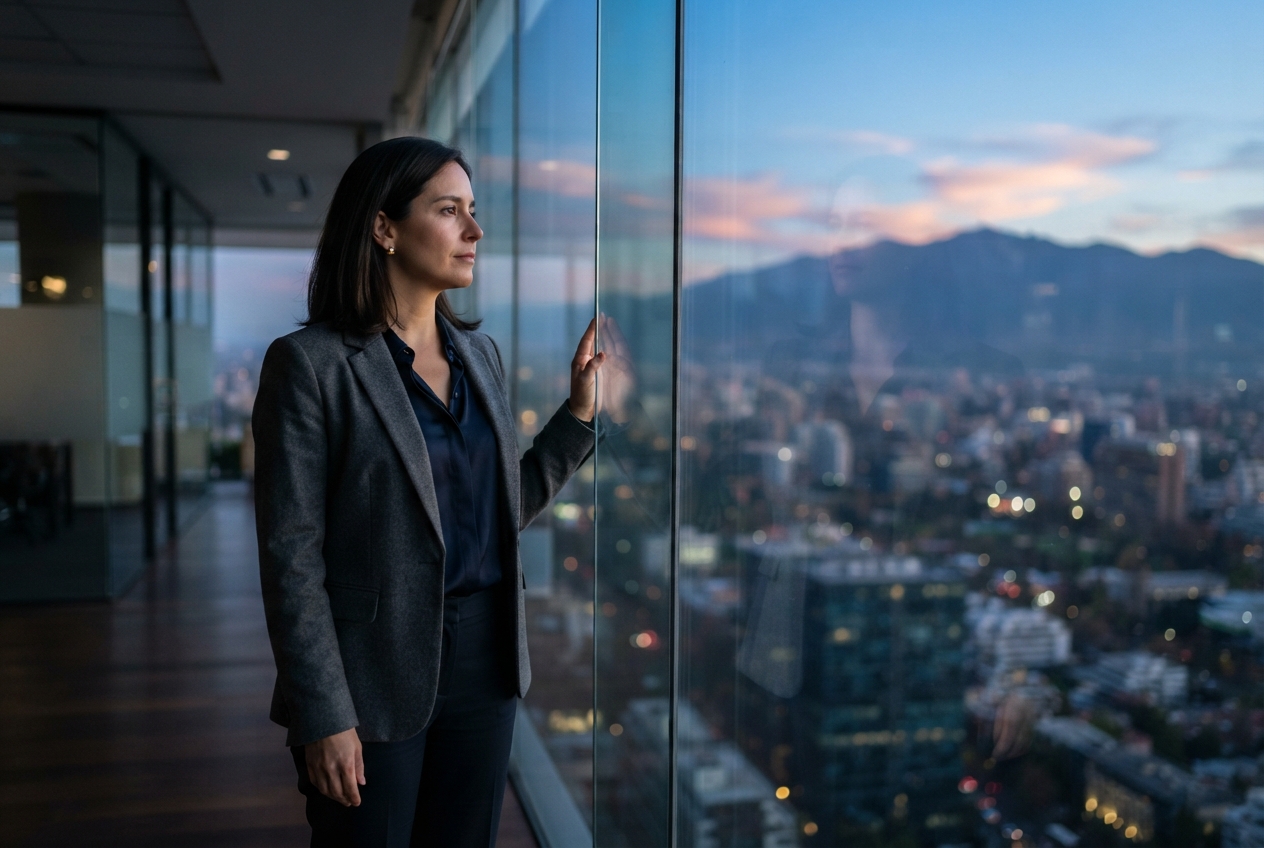 Analista B2B observa Santiago desde una oficina para evaluar visibilidad en inteligencia artificial